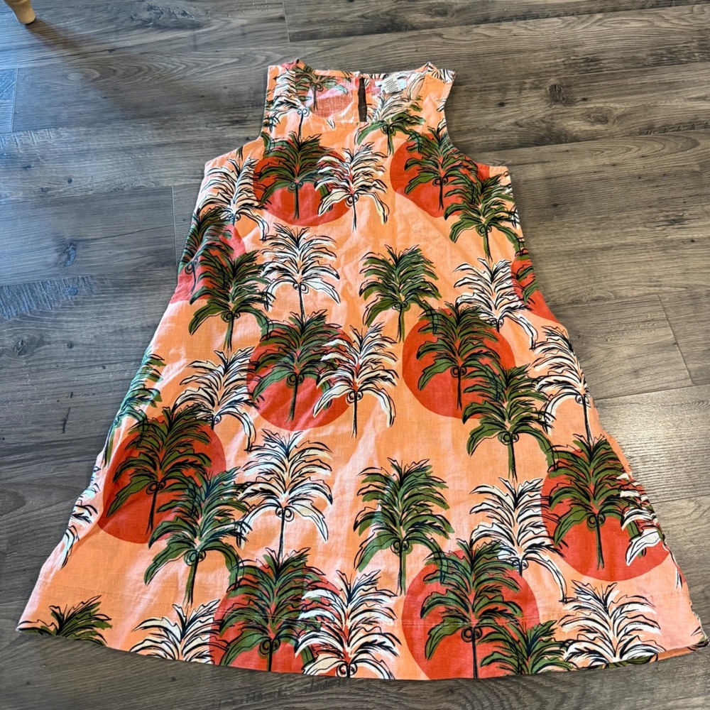Nicole Miller New York 100% Linen Tropical Palm Tree Shift Dress Orange Small